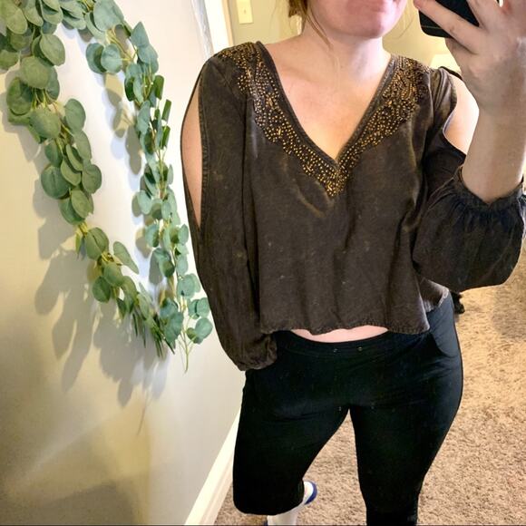 Ecote Cropped Embroidered Boho Long Flutter Sleeve Small - Picture 4 of 4